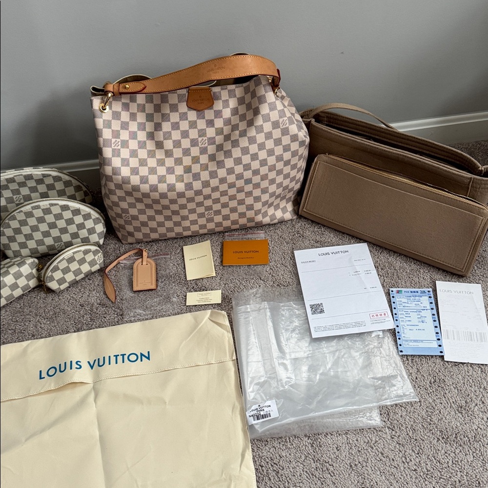 Louis Vuitton LV Canvas Graceful PM Damier Azur handbag dust bag tags organizer